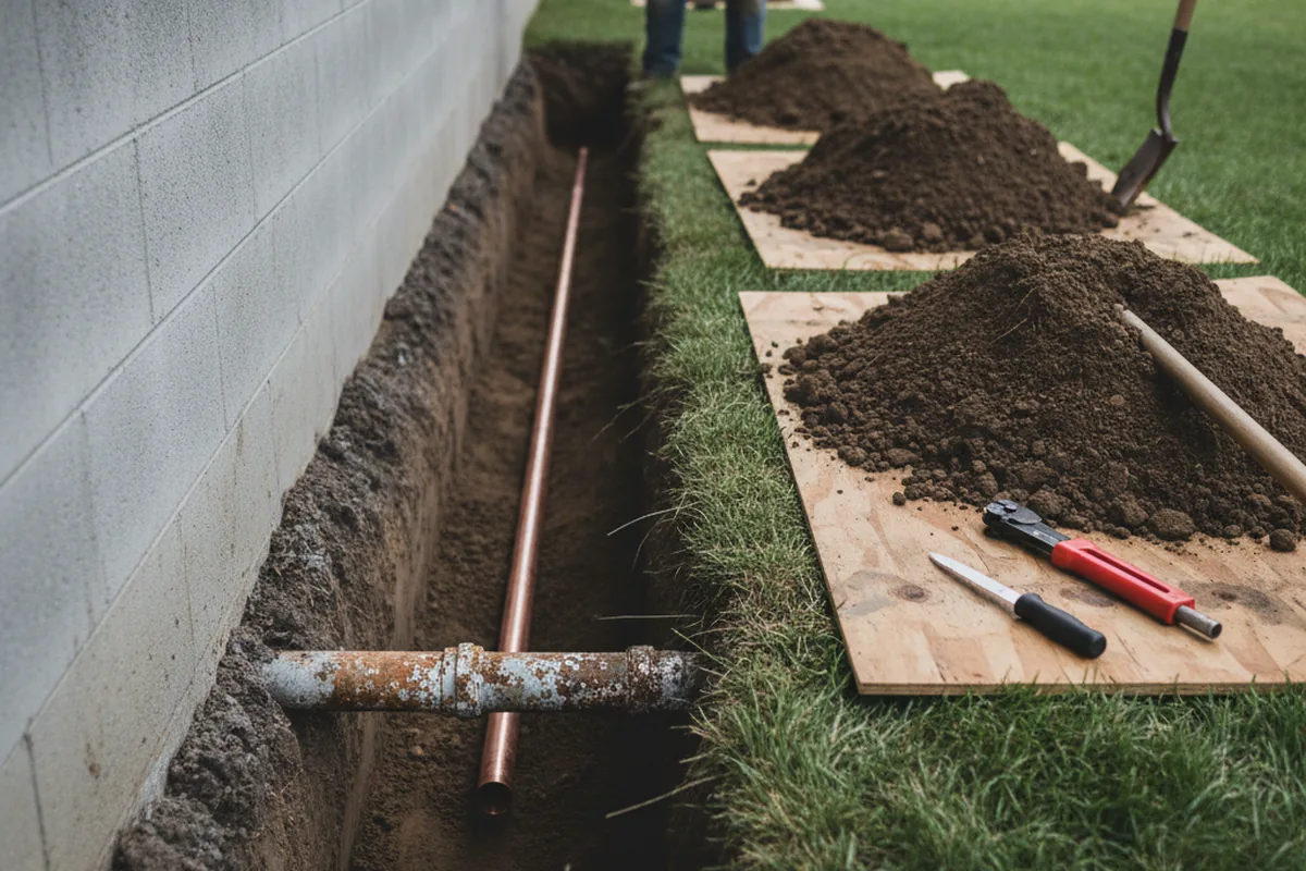 Excavated water line trench during Water Softener Installation in Sasser